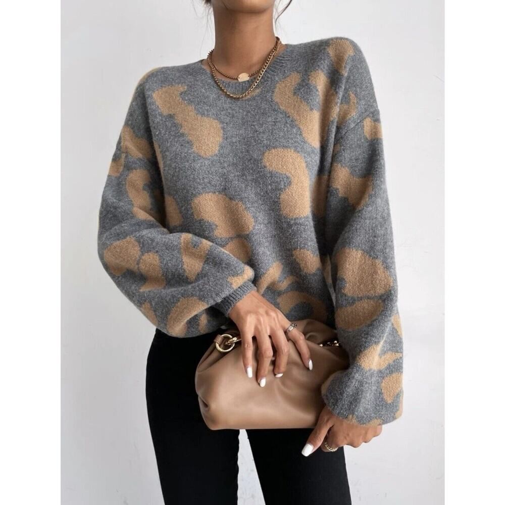 Leopard Gray Beige Lantern Balloon Sleeve Fluffy Knit Sweater Knit Top Jumper M